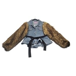 Azalea Wang Jacket Sz L Brown Blue Denim Faux Fur New Coat Ruffles Vegan Y2K New